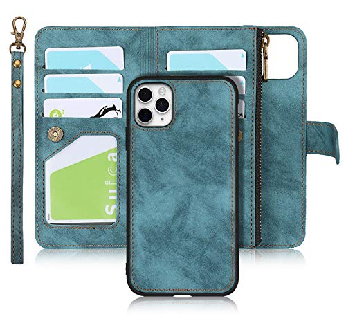 iCoverCase iPhone 11 Pro Wallet Case mit Kartenhalter, 2 in 1 PU Leder Hülle mit Magnetverschluss Reißverschlusstasche Stoßfest Abnehmbare Flip Case mit Handschlaufe für iPhone 11 Pro (Blau) von iCover Case