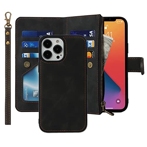 iCoverCase iPhone 13 Pro Wallet Case mit Kartenhalter, 2 in 1 PU Leder Hülle mit Magnetverschluss Reißverschlusstasche Stoßfest Abnehmbare Flip Case mit Handschlaufe für iPhone 13 Pro (Schwarz) von iCoverCase