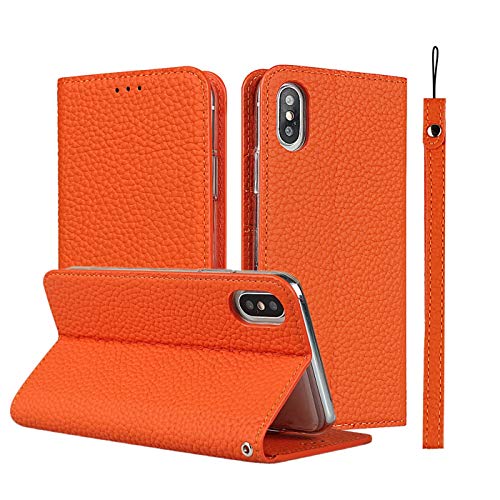 iCoverCase Schutzhülle aus echtem Leder für iPhone X/XS mit Handschlaufe, Kartenhalter, Magnetverschluss, Kickstand (Orange) von iCoverCase