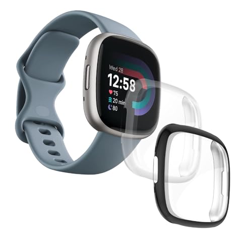 [2 Stück] Schutzhülle für Fitbit Versa 4 / Sense 2, Displayschutzfolie, vollständige Abdeckung, schützender Stoßfänger, weiches TPU, Zubehör – [transparent + schwarz] von iDaPro