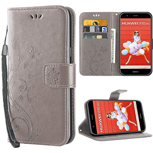 iDoer Hülle Kompatibel Mit Huawei P10 Lite Schmetterling Leder Case Schutzhülle Grau von iDoer