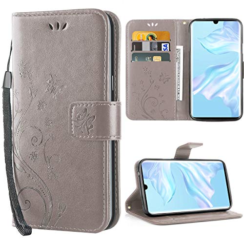 iDoer Hülle Kompatibel Mit Huawei P30 Pro/Huawei P30 Pro New Edition/Huawei P30 Pro 2020 Schmetterling Leder Case Schutzhülle Grau von iDoer