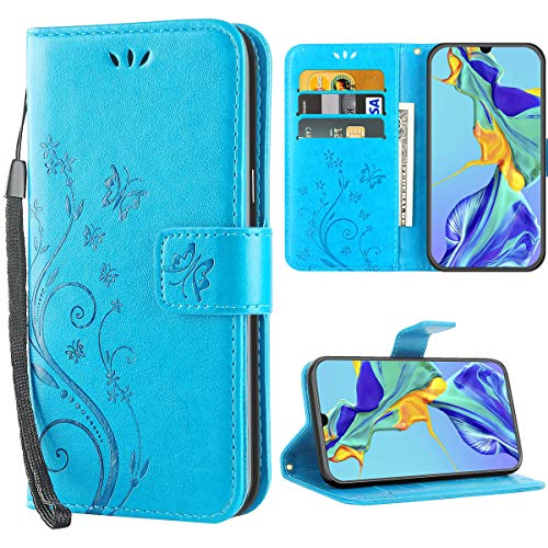iDoer Hülle Kompatibel Mit Huawei P30 Schmetterling Leder Case Schutzhülle Blau von iDoer