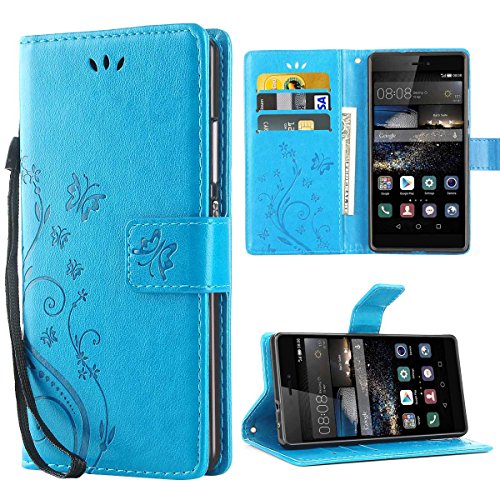iDoer Hülle Kompatibel Mit Huawei P8 Schmetterling Leder Case Schutzhülle Blau von iDoer