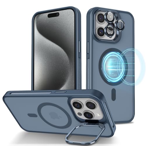 iDoer für iPhone 15 Pro Max Hülle,kompatibel mit MagSafe,Versteck Ständer Handyhülle,mit Kamera Schutzfolie,Dünn Magnetische Schutzhülle,Apple 15 Pro Max Case Matte,blau von iDoer