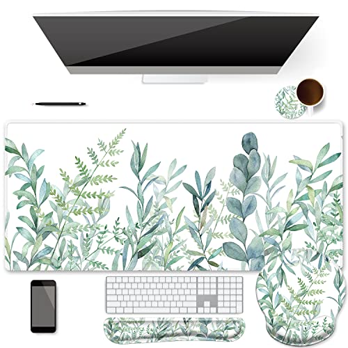 Ergonomisches Mauspad mit Handgelenkstütze und Tastatur-Handgelenkauflage, iDonzon Schreibtischmatten-Set mit rutschfester Gummiunterseite, grüne Pflanzen von iDonzon