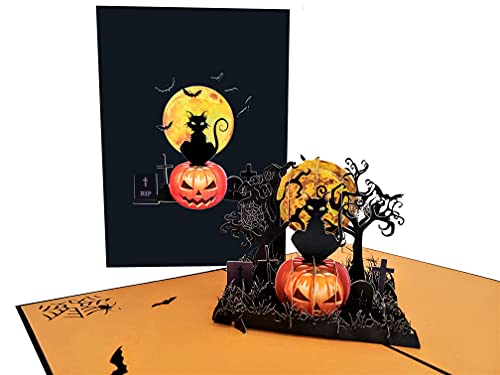 iGifts And Cards Gruselige schwarze Katze auf Kürbis Halloween 3D Pop Up Grußkarte - Jack-O-Lantern, gruselige Bäume, Spaß, Fledermäuse, gruseliger Friedhof, Grabstein, Spinnennetz, Heiligtümer von iGifts And Cards