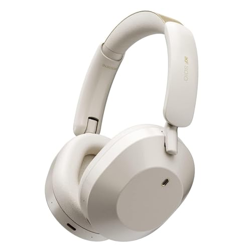 iKF Solo Kabellose Kopfhörer Over-Ear mit Active Noise Cancelling, Bluetooth 5.3, 95h Spielzeit Im ANC-Modus, Hi-Res Audio, Tiefer Bass, faltbar, Mehrpunkt-Verbindung für Reisen, Arbeit (Offwhite) von iKF