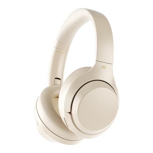 iKF T1 Kabelloser Over Ear Bluetooth Kopfhörer, Leichte Faltbare Kopfhörer Eingebautes HD Mikrofon, 50 Stunden Spielzeit mit 6 EQ-Modi, HiFi-Stereo, Duale Verbindung, für Reisen und Sport(Off Weiß) von iKF
