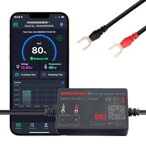 Batterie Monitor Bluetooth 4.0 Wireless Batterietester, Auto Ladestart und Alarm System Monitor Digital Batterie Analyzer Geeignet für 12V Solarsysteme Motorräder Boote Autos Kompatibel Android iOS von iKiKin