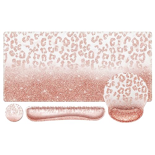 iLeadon Mauspad-Set, Schreibtischunterlage + Mauspad mit Handballenauflage + Tastatur-Handgelenkauflage + Untersetzer, 4-in-1 Glitzer-Leoparden-Maus und Tastatur-Pad-Set für Heimbüro, Rosa Roségold iLeadon Mauspad-Set, Schreibtischunterlage + Mauspad mit Handballenauflage + Tastatur-Handgelenkauflage + Untersetzer, 4-in-1 Glitzer-Leoparden-Maus und Tastatur-Pad-Set für Heimbüro, Rosa Roségold von iLeadon