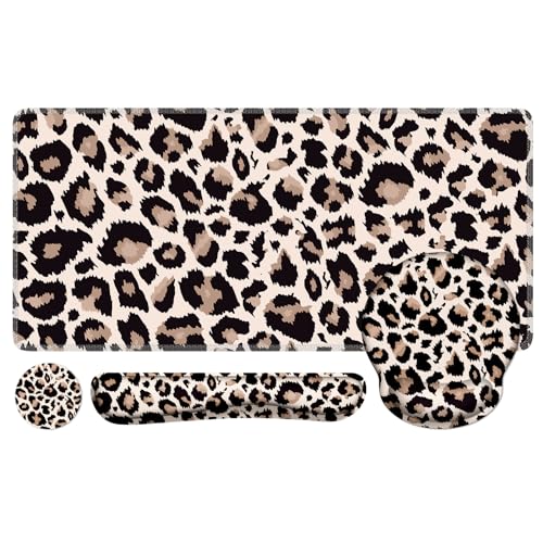 iLeadon Mauspad-Set, Schreibtischunterlage + Mauspad mit Handgelenkauflage + Tastatur-Handgelenkauflage + Untersetzer, 4-in-1 Leoparden-Maus und Tastatur-Pad-Set für Home Office, klassischer Leopard von iLeadon