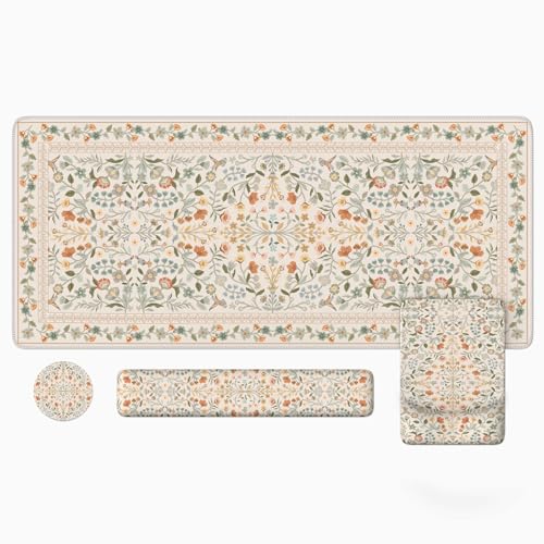 iLeadon Mauspad-Sets mit Blumenmuster, niedliche ergonomische Tastaturmatte für den Schreibtisch, extra große Schreibtischunterlage mit rutschfester Unterseite für Frauen, Heimbüro (Beige) von iLeadon