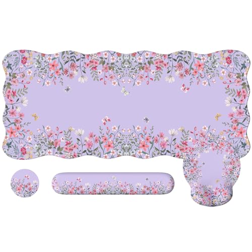 iLeadon XXL-Mauspad, Mauspad mit Handgelenkauflage, Memory-Schaum-Handgelenkstütze für Tastatur, ultraglattes Mauspad für Gaming, violette Schreibtischunterlage für Büro, Zuhause (Blumenmuster) von iLeadon