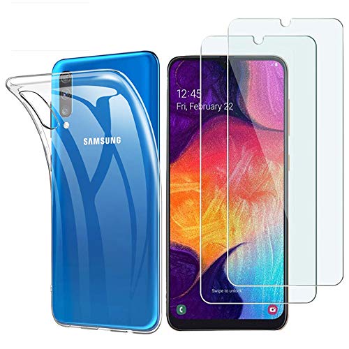 Samsung Galaxy A50 Panzerglas Hülle, [1 Handyhülle 2 Panzerglas] Schutzhülle [Ultra Dünn] Folie Glas 9H Panzerglasfolie TPU Silikon Case Cover Tasche Schale Transparent Crystal für Samsung Galaxy A50 von iLieber