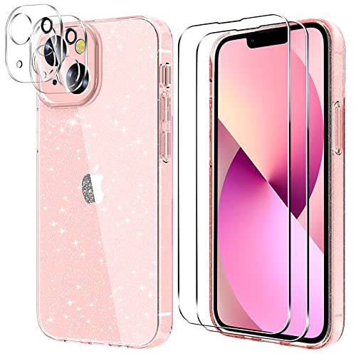 iLieber Handyhülle für iPhone 13 Hülle mit Schutzfolie, 1 Hülle 2 Schutzfolie 2 Kameraschutz Ultra Transparent Glitzer Slim Dünn Kratzfest Schutzhülle 9H Folie für iPhone 13(Pink) von iLieber