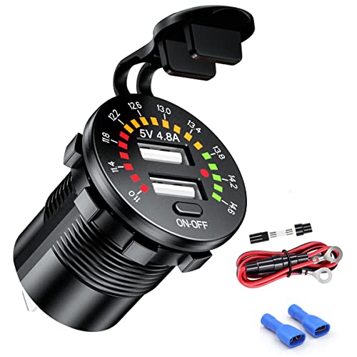 iMESTOU Kfz Ladegerät Dual USB 4,8 A Wasserdicht, mit LED Digital Voltemeter und Schalter an/aus für 12 V/24 V Marine, Boot, Motorrad, Golfwagen, LKW und Mehr von iMESTOU