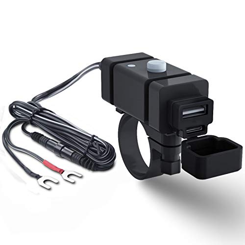 iMESTOU Motorrad Telefon Ladegerät Kit 18W Ring Terminal auf USB C 3.0A Schnellladung Dual USB QC 3.0 Lenker Handy Ladeadapter Schalter & Sicherung für 12V/24V Motorräder von iMESTOU