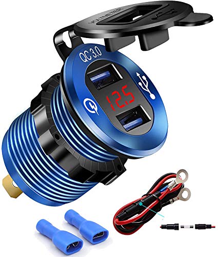 iMESTOU Quick Charge 3.0 USB Ladegerät Buchse Aluminium Dual USB Auto Steckdose Wasserdicht Marine Zigarettenanzünder Adapter 36W Schnellladung mit LED Voltmeter für 12/24V Boot Motorrad ATV Bus von iMESTOU