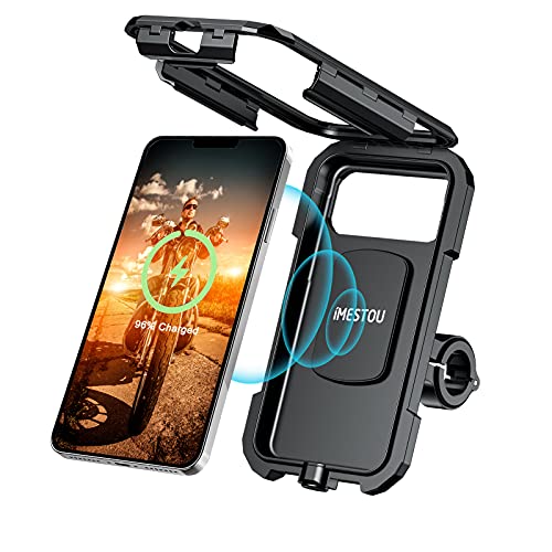 iMESTOU wasserdichte IP67 Motorrad Telefonhalterung kabellos USB C Ladegerät Schnellladung für 5,5-6,8 Zoll Handys durch Verkabelung an 12/24 V Motorrad oder Anschluss an USB A Buchsen von iMESTOU