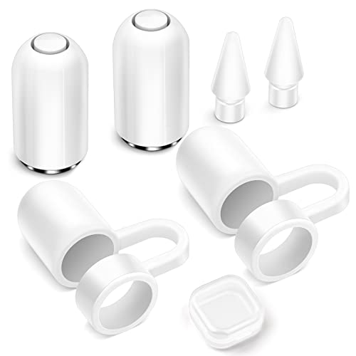 iMangoo Pencil Kappe iPencil Magnetische Ersatzkappe 2 Stück mit Kappenhalter 2 Stück und iPencil Spitzen Bleistift Tipps Ersatzspitzen Eingabestift Nibs 2 Stück für Apple Pencil 1. Generation (Weiß) von iMangoo