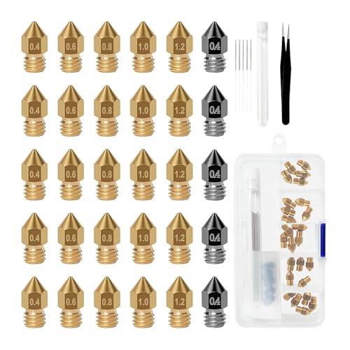 iMetrx 30PCS 3D Drucker Düsen MK8,5x 0,4mm Gehärtetem Stahl düsen +5x(0,4mm 0,6mm 0,8mm 1,0mm 1,2mm) Messing düsen + Reinigungsset,für 3D Drucker Anycubic Mega/Creality CR-10/Ender von iMetrx