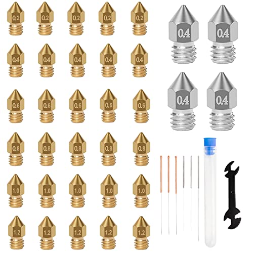 iMetrx MK8 Düse 3D-Drucker-Düsen-Reinigungsset (34 Stück/Packung) für Ender 3 Düse, Ender 3 v2 Düse, Messingdüse, 0,2 mm, 0,3 mm, 0,4 mm, 0,6 mm, 0,8 mm, 1,0 mm, Edelstahldüse 0,4 mm von iMetrx