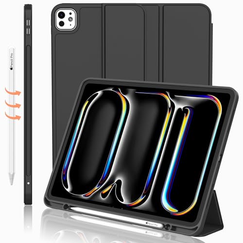 iMieet iPad Pro 13 Zoll Hülle M4 (2024) mit Stifthalter, Trifold Stand Smart Case mit weicher TPU-Rückseite, Auto Wake/Sleep (Schwarz) von iMieet