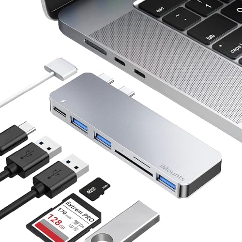iMounts USB-C Hub für MacBook Air und Pro M1/M2/M3, 3 USB 3.0 Anschlüsse, Thunderbolt 3, SD/Micro SD Kartenleser, MagSafe-kompatibel, Silber (Silver) von iMounts
