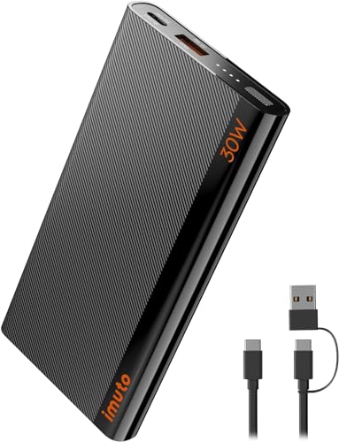 imuto Powerbank 10000 mAh USB C Schlanke, 30W Tragbarer Externer Handyakkus mit 2 Anschlüssen, Tragbares Ladegerät für Mobiltelefon, iPad Pro/Air/Mini, Samsung Galaxy, Huawei, Xiaomi, LG usw von iMuto