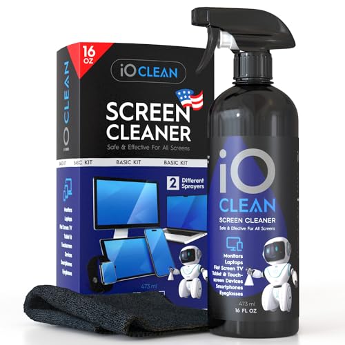 iO Clean Bildschirmreiniger Spray (16oz - 473ml) – Bestes großes Reinigungsset für LCD-LED-OLED-Fernseher, Smartphone, iPad, Laptop, Touchscreen, Computermonitor, andere Geräte – Mikrofasertüche von iO CLEAN