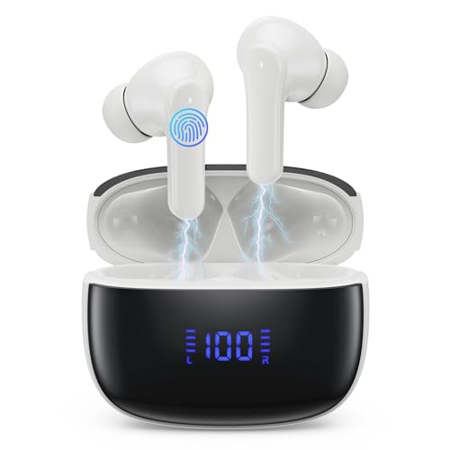 Bluetooth Kopfhörer, Kopfhörer Kabellos Bluetooth 5.3 In Ear Kopfhörer mit 4 ENC Noise Cancelling Mic, Kabellose Kopfhörer Tiefer Bass Wireless Earbuds 50Std, IP7 Wasserdicht Ohrhörer LED Anzeige-Weiß von iPosible