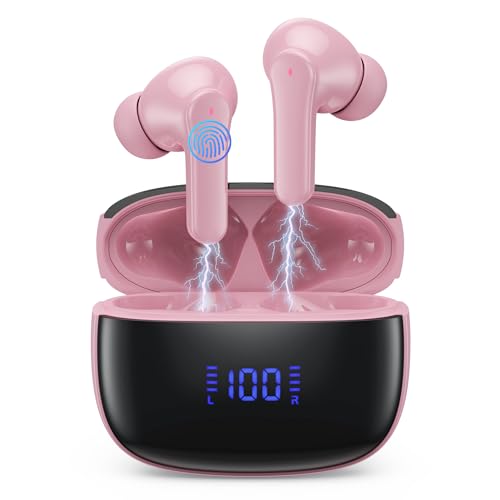Bluetooth Kopfhörer, Kopfhörer Kabellos Bluetooth 5.3 In Ear Kopfhörer mit 4 ENC Noise Cancelling Mic, Kabellose Kopfhörer Tiefer Bass Wireless Earbuds 50Std, IP7 Wasserdicht Ohrhörer LED Anzeige-Rosa von iPosible