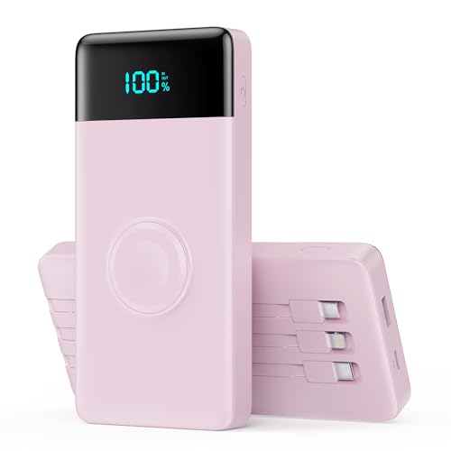 Powerbank 10800mAh mit 3 Integrierten Kabeln & Ladegerät für Apple Watch, 6-in-1 Power Bank PD 25W+QC4.0 USB C Schnelles Laden Externe Akkupack mit LED-Display für i-Watch/iPhone/Samsung/Huawei-Rosa von iPosible