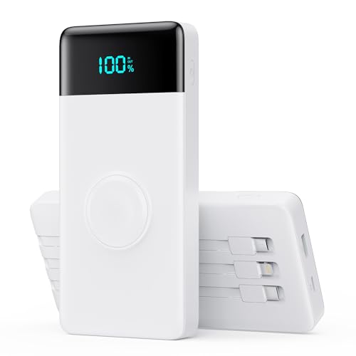 Powerbank 10800mAh mit 3 Integrierten Kabeln & Ladegerät für Apple Watch, 6-in-1 Power Bank PD 25W+QC4.0 USB C Schnelles Laden Externe Akkupack mit LED-Display für i-Watch/iPhone/Samsung/Huawei-Weiß von iPosible