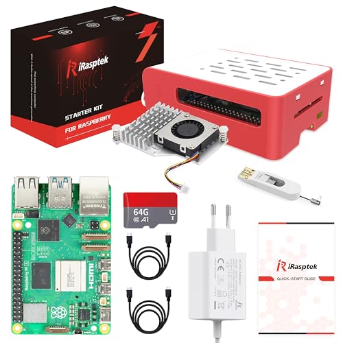 iRasptek Raspberry Pi 5 4GB RAM Starter Kit——64GB Vorinstalliertes Raspberry Pi OS (Rote und weiße Gehäuse) von iRasptek