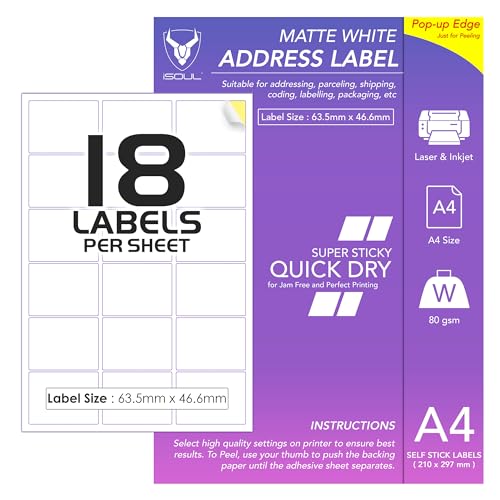 18 Etiketten pro A4-Blatt, 50 Blatt 900 Klebeetikett, bedruckbares Aufkleberpapier, iSOUL matt selbstklebend Adressversand Versand Porto Laser & Tintenstrahl Drucker kompatibel [Quickdry] von iSOUL