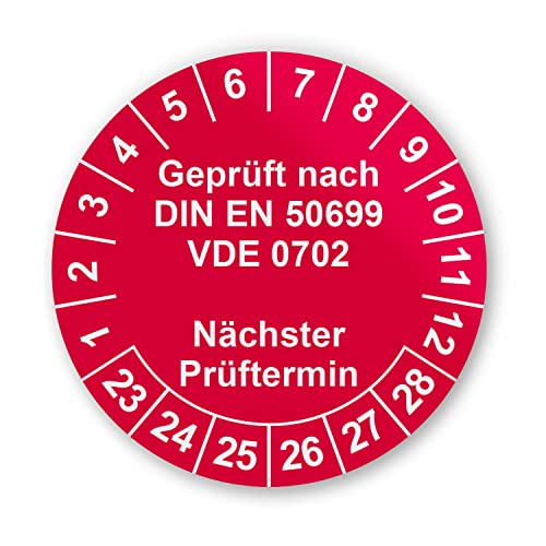 Prüfplaketten VDE Elektroprüfung Aufkleber - Geprüft nach DIN EN 50699 VDE 0702 - 216 Aufkleber auf 9 Bögen in Rot - Etiketten sind Selbstklebend - hin_783 von iSecur