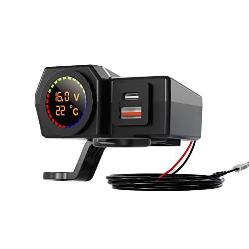 iSpchen USB Steckdose Motorrad Handy Ladegerät USB + Typ-C Port 12V USB Ladegerät mit Schalter wasserdichte Schnellladegerät Adapter mit LED Voltmeter Dispaly Temperaturanzeige von iSpchen