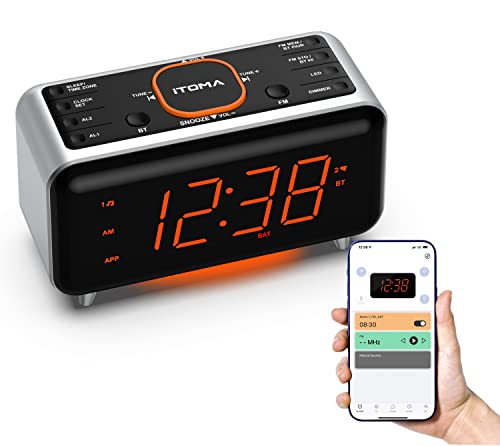 Radiowecker mit App-Steuerung, Bluetooth, FM-Radio, Dual Alarm von 4-Alarmmodi, Easy Snooze, Dimmer, Orange Nachtlicht, 12/24 Hr über USB-Ladeanschluss iTOMA CKS208 von iTOMA