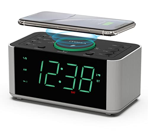 iTOMA Radiowecker Kabelloses Laden, Snooze, Digitales UKW-Radio mit Bluetooth Dual Alarm, Dimmer LED Anzeige, Nicht tickende Uhr für Nachtbett CKS910 von iTOMA