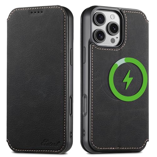 Litchi Muster Magnetische Leder Handyhülle für iPhone 16 Pro, Kreditkartenfach Brieftasche, Flip Cover Ständer, unterstützt kabelloses Laden, Schwarz von iTape