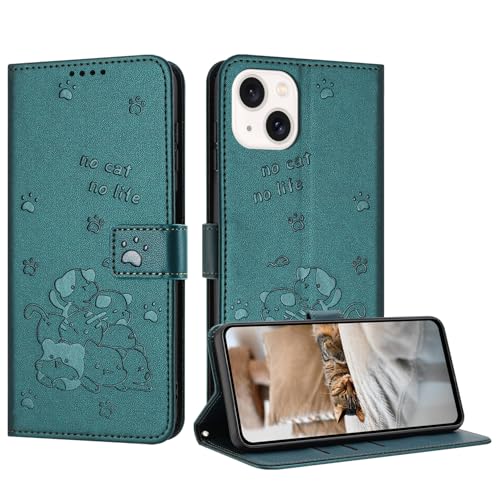 Niedliche geprägte Kätzchen-Handyhülle für iPhone 15, mehrere Kartenfächer, Reißverschluss-Brieftasche, Klappständer, Crossbody-Handschlaufe, Grün Niedliche geprägte Kätzchen-Handyhülle für iPhone 15, mehrere Kartenfächer, Reißverschluss-Brieftasche, Klappständer, Crossbody-Handschlaufe, Grün von iTape