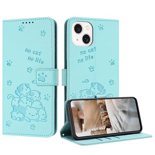 Schutzhülle für iPhone 15 Plus, niedliches geprägtes Kätzchen, mehrere Kartenfächer, Reißverschluss-Brieftasche, Klappständer, Crossbody-Handschlaufe, Himmelblau Schutzhülle für iPhone 15 Plus, niedliches geprägtes Kätzchen, mehrere Kartenfächer, Reißverschluss-Brieftasche, Klappständer, Crossbody-Handschlaufe, Himmelblau von iTape