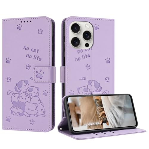 Schutzhülle für iPhone 15 Pro Max mit niedlichem geprägtem Kätzchen, mehrere Kartenfächer, Reißverschluss, Brieftasche, Klappständer, Crossbody-Handschlaufe, Violett Schutzhülle für iPhone 15 Pro Max mit niedlichem geprägtem Kätzchen, mehrere Kartenfächer, Reißverschluss, Brieftasche, Klappständer, Crossbody-Handschlaufe, Violett von iTape