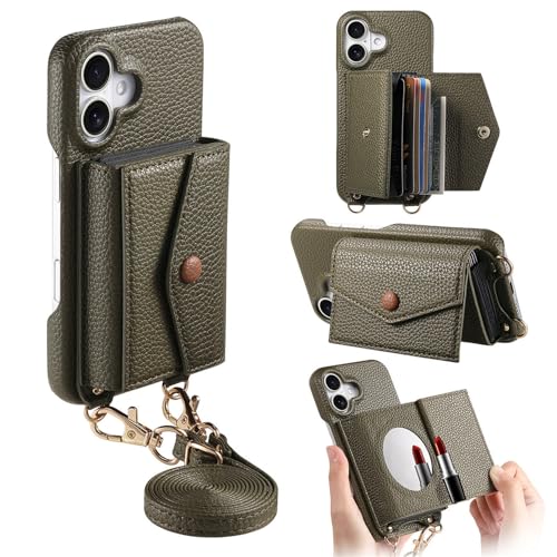 Schutzhülle für iPhone 16, stoßfest, ultradünn, Make-up-Spiegel mit Crossbody-Gurt, Grün Schutzhülle für iPhone 16, stoßfest, ultradünn, Make-up-Spiegel mit Crossbody-Gurt, Grün von iTape