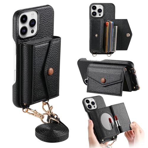 Schutzhülle für iPhone 16 Pro, stoßfest, ultradünn, Make-up-Spiegel mit Crossbody-Gurt, Schwarz Schutzhülle für iPhone 16 Pro, stoßfest, ultradünn, Make-up-Spiegel mit Crossbody-Gurt, Schwarz von iTape