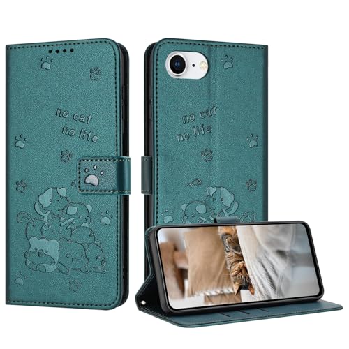 Schutzhülle für iPhone 16E mit niedlichem geprägtem Kätzchen, mehrere Kartenfächer, Reißverschluss-Brieftasche, Klappständer, Crossbody-Handschlaufe, Grün Schutzhülle für iPhone 16E mit niedlichem geprägtem Kätzchen, mehrere Kartenfächer, Reißverschluss-Brieftasche, Klappständer, Crossbody-Handschlaufe, Grün von iTape