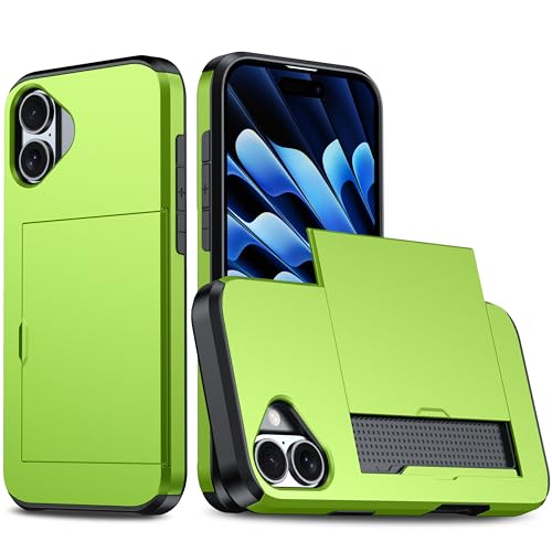 Slide Card Case für iPhone 16 mit Kreditkartenfach, erhöhter Rahmen, doppellagige Stoßdämpfung, Solid Bumper Grün von iTape