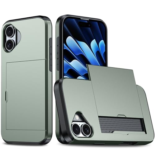 Slide Card Case für iPhone 16 mit Kreditkartenfach, erhöhter Rahmen, doppellagige Stoßdämpfung, solider Bumper, Dunkelgrün Slide Card Case für iPhone 16 mit Kreditkartenfach, erhöhter Rahmen, doppellagige Stoßdämpfung, solider Bumper, Dunkelgrün von iTape
